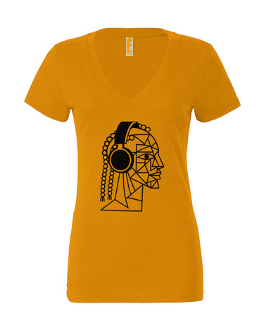 Profile of Woman Wearing Headphones Women’s Jersey Deep V-Neck Tee