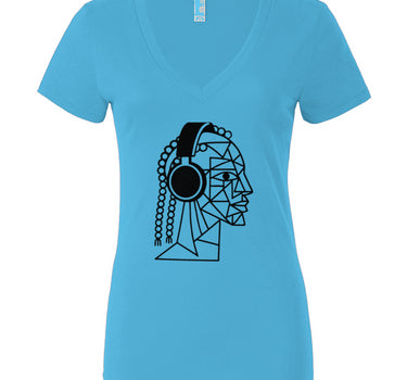 Profile of Woman Wearing Headphones Women’s Jersey Deep V-Neck Tee