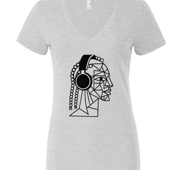 Profile of Woman Wearing Headphones Women’s Jersey Deep V-Neck Tee