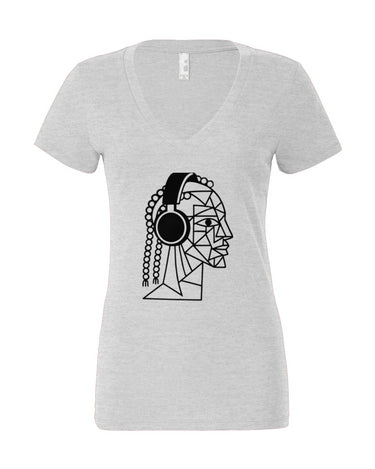 Profile of Woman Wearing Headphones Women’s Jersey Deep V-Neck Tee