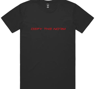 Defy the Norm Short Sleeve Staple T-Shirt - Black Tee with Red Text Apliiq