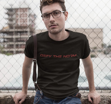 Defy the Norm Short Sleeve Staple T-Shirt - Black Tee with Red Text Apliiq