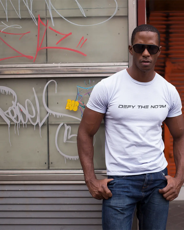 Defy the Norm Short Sleeve Staple T-Shirt - White Tee with Black Text Apliiq