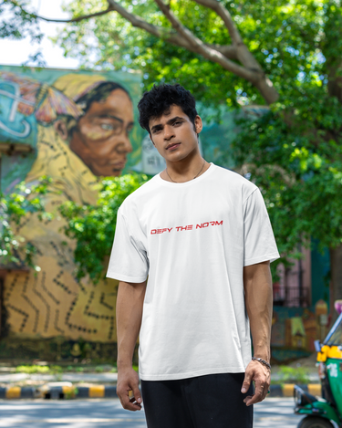 Defy The Norm Short Sleeve Staple T-Shirt - White with Red Text - Mikey Yaw