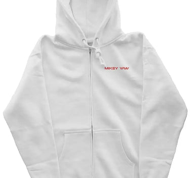 Mikey Yaw White Zipper Hoodie with Abstract Graphic - Mikey Yaw