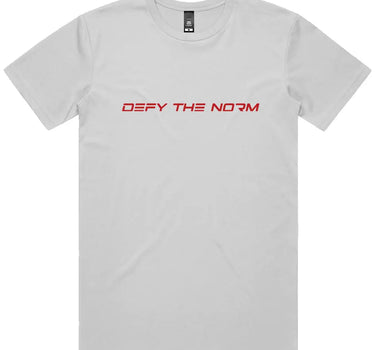 Defy The Norm Short Sleeve Staple T-Shirt - White with Red Text - Mikey Yaw