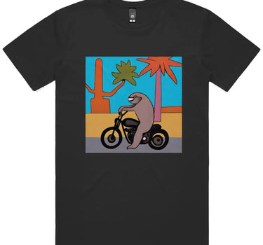 Sloth on Motorcycle Short Sleeve Staple T-Shirt Apliiq