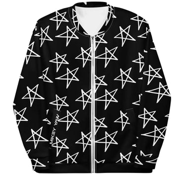 Unisex Black Bomber Jacket with White Star Doodle Mikey Yaw