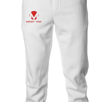 White Midweight Fleece Jogger Sweatpants with Red Logo - Mikey Yaw