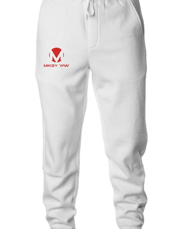 White Midweight Fleece Jogger Sweatpants with Red Logo - Mikey Yaw