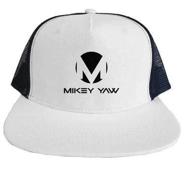 White Trucker Hat with Black Mesh and Black Monogram - Mikey Yaw