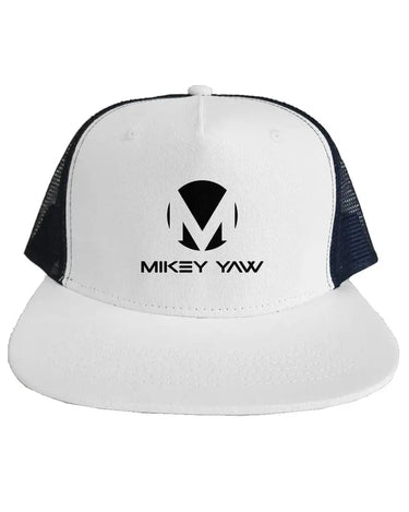 White Trucker Hat with Black Mesh and Black Monogram - Mikey Yaw