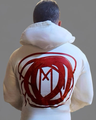 White Zipper Hoodie with Red Abstract Design - Mikey Yaw