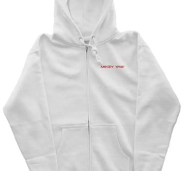 White Zipper Hoodie with Red Abstract Design - Mikey Yaw