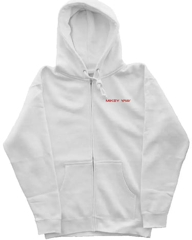 White Zipper Hoodie with Red Abstract Design - Mikey Yaw